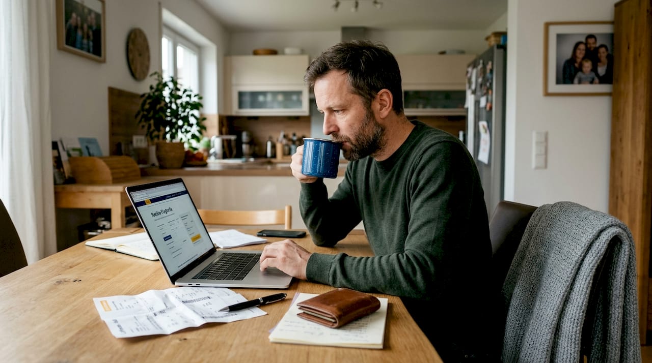 Ein Mann plant am K&uuml;chentisch seine n&auml;chste Reise und durchst&ouml;bert dabei verschiedene Flugangebote.