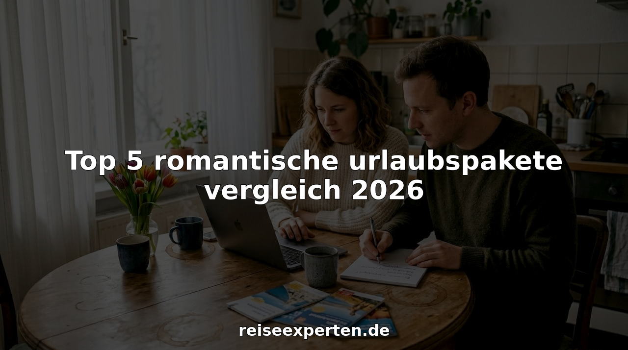 Ein Paar sitzt gemeinsam am K&uuml;chentisch und schmiedet Pl&auml;ne f&uuml;r einen romantischen Kurzurlaub.