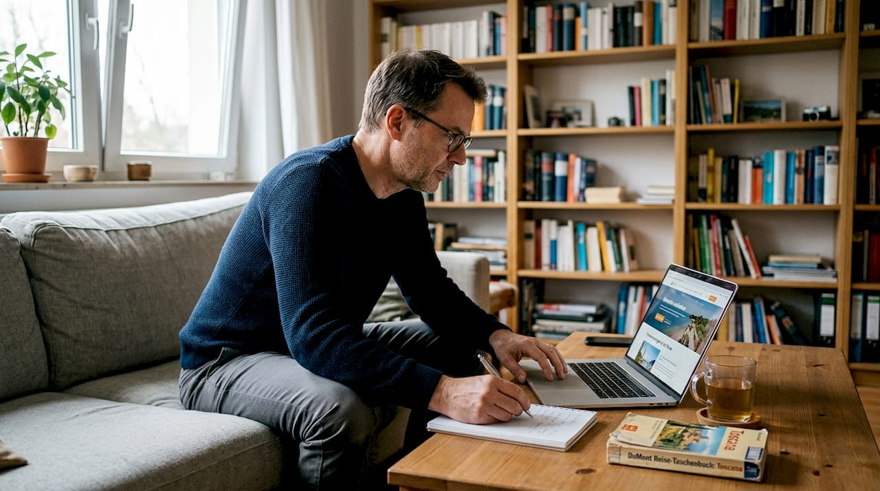 Ein Mann sitzt gem&uuml;tlich im Wohnzimmer und plant seine n&auml;chste Reise am Laptop.