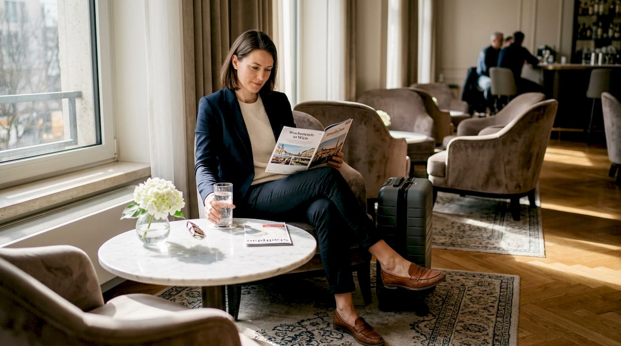 Ein Hotelgast bl&auml;ttert in der Lobby durch eine Infobrosch&uuml;re mit Erfahrungsberichten anderer Reisender.