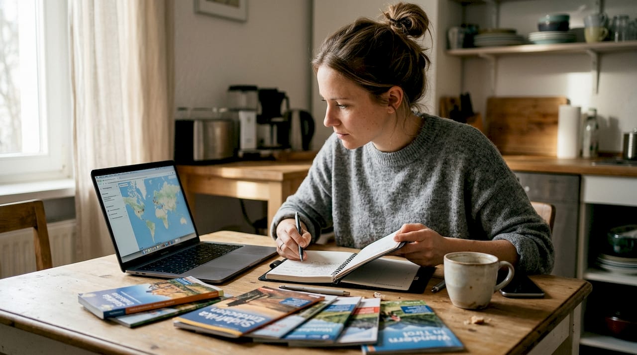 Eine Frau sitzt am K&uuml;chentisch und schmiedet Pl&auml;ne f&uuml;r ihre Weltreise.