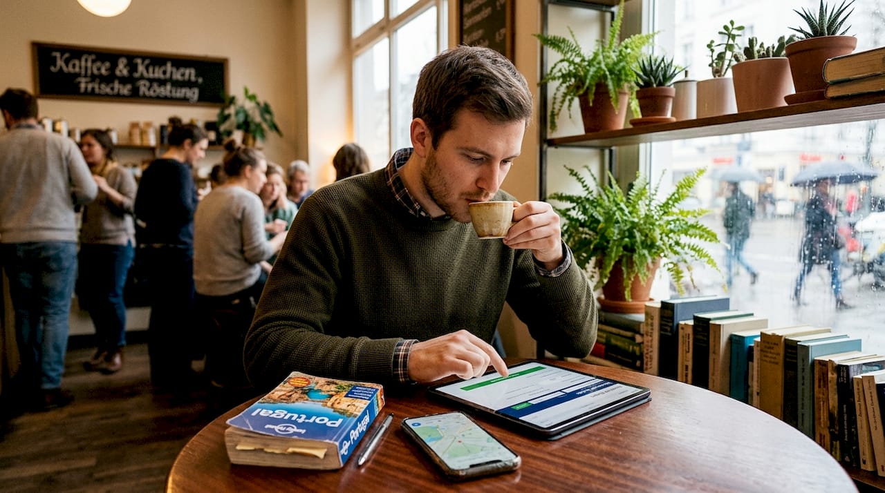 Inmitten des gesch&auml;ftigen Treibens eines belebten Caf&eacute;s plant ein Reisender ganz entspannt seine n&auml;chste Solo-Reise.