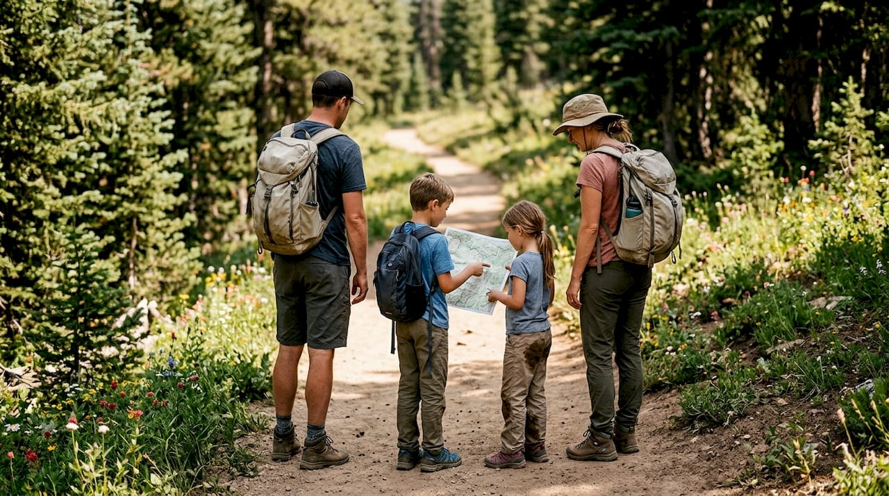 Eine Familie genießt gemeinsam eine Wanderung auf einem Bergpfad in der Natur.