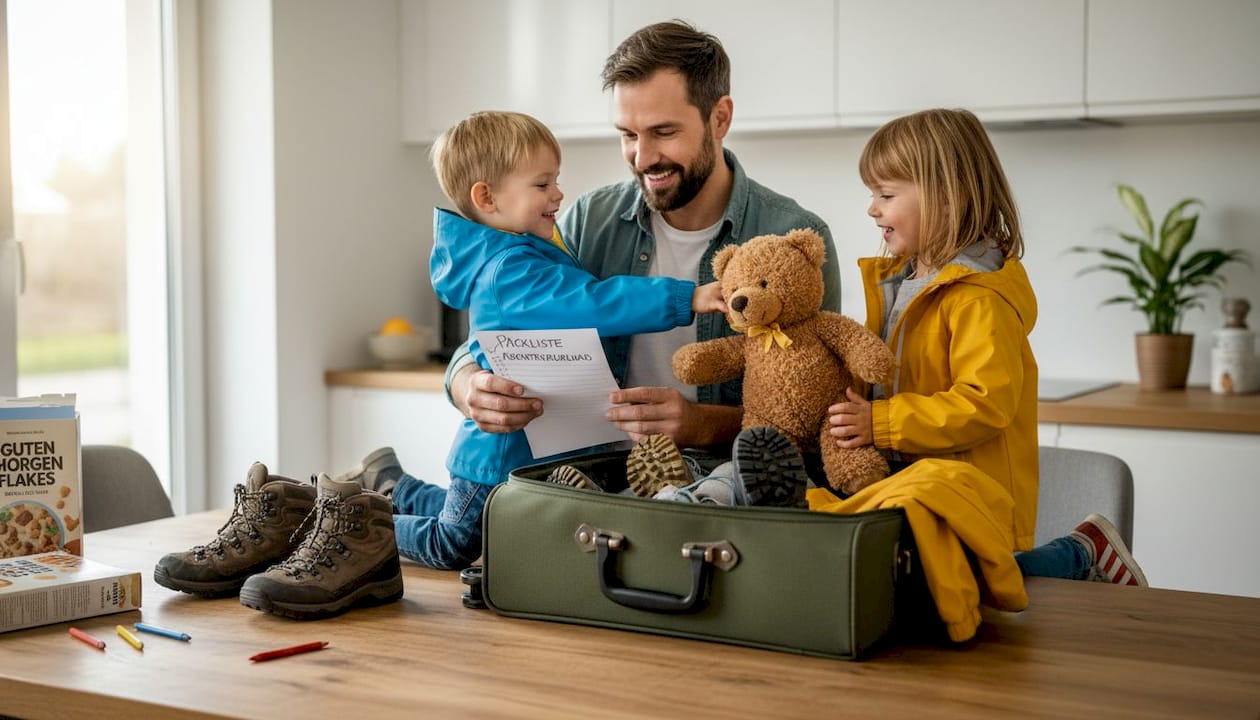 Am Küchentisch bereitet die Familie gemeinsam ihre Wanderausrüstung vor.
