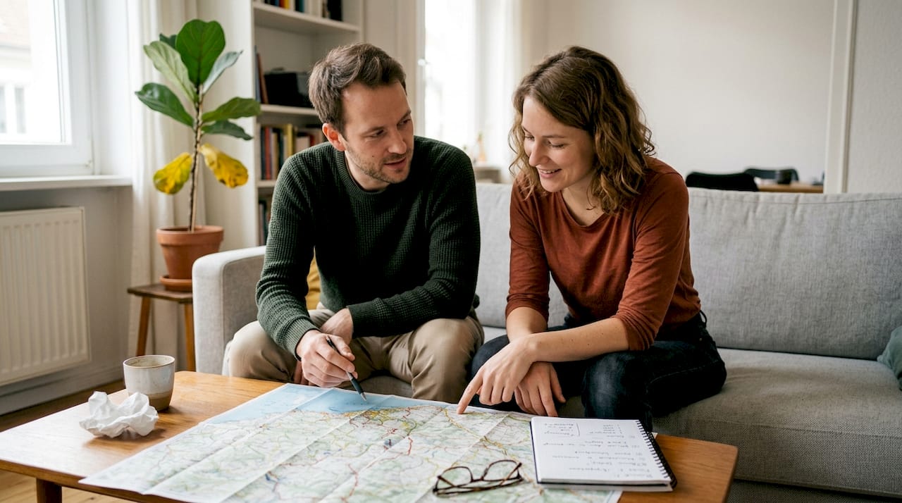 Ein Paar sitzt gemeinsam am Tisch und schmiedet Reisepl&auml;ne &ndash; mit einer Landkarte vor sich und handgeschriebenen Notizen.