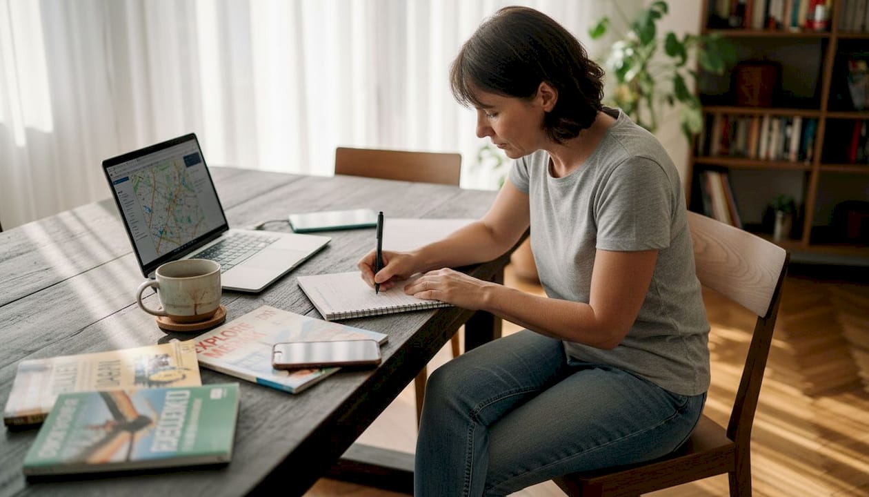 Ganz entspannt sitzt eine Frau am Wohnzimmertisch und schmiedet Urlaubspl&auml;ne.