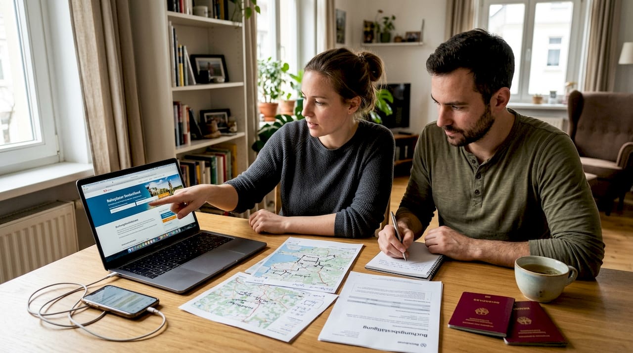 Ein Paar sitzt gemeinsam am K&uuml;chentisch und schmiedet Reisepl&auml;ne.