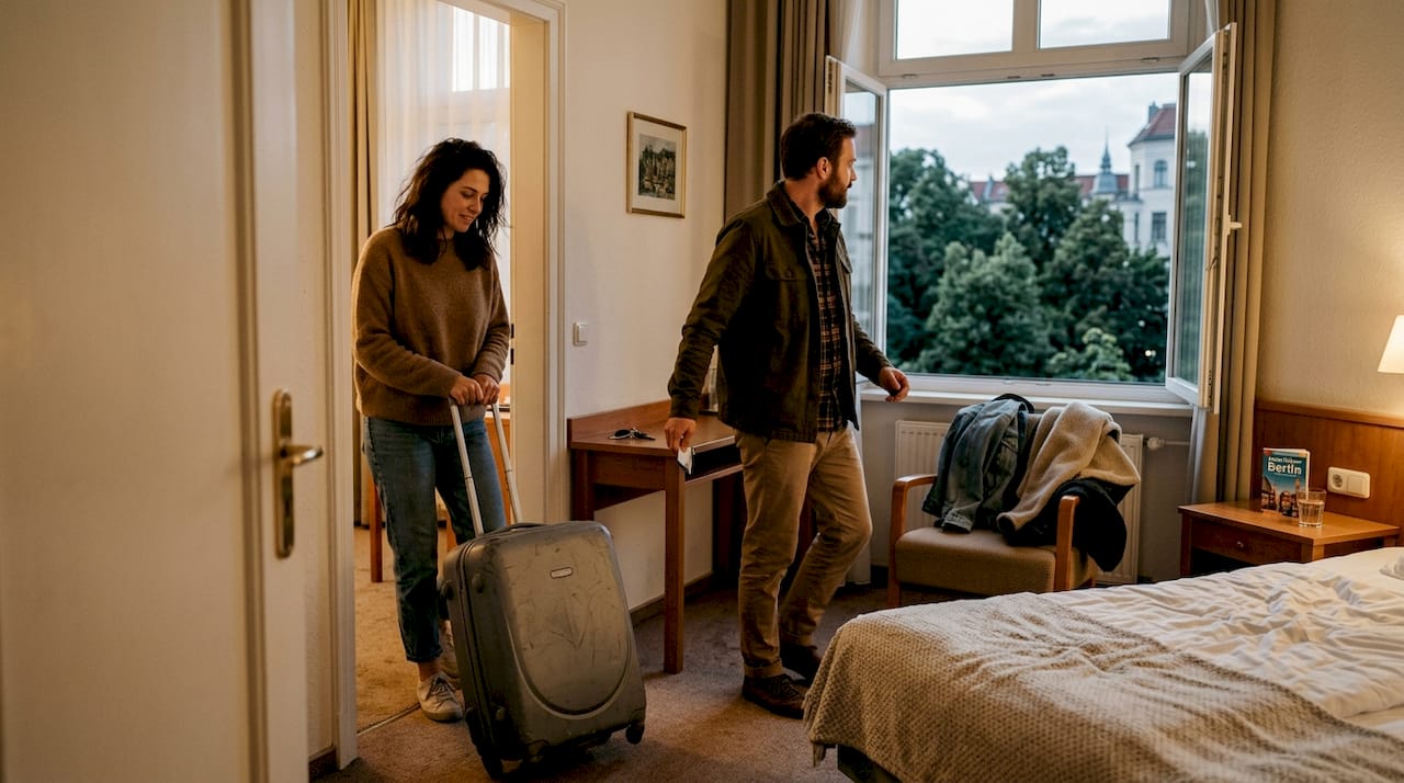 Ein Paar betritt gemeinsam ein gem&uuml;tliches Hotelzimmer.