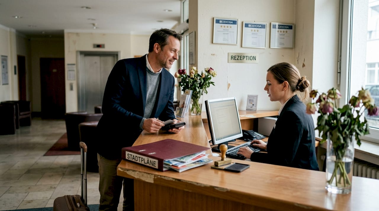 Hotelgast erkundigt sich an der Rezeption nach der Sterneklassifizierung des Hauses