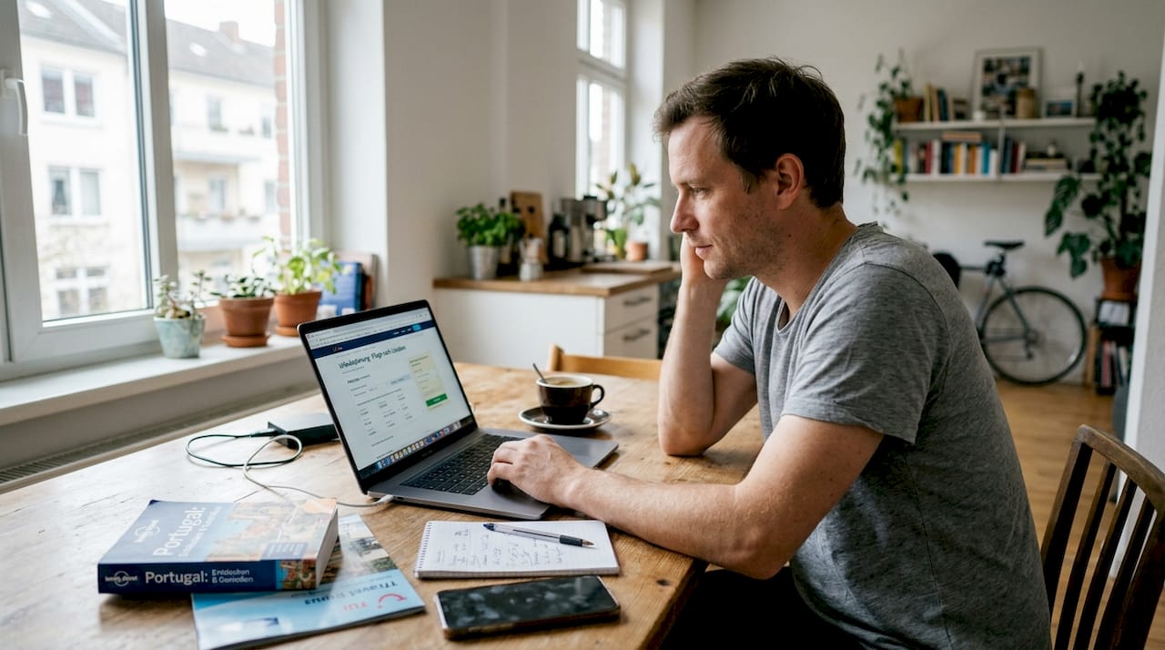 Ein Mann sitzt am Küchentisch und plant seine nächste Reise am Laptop.