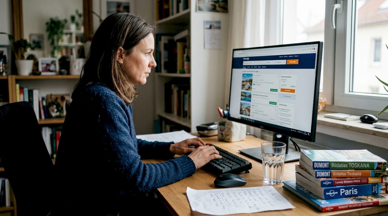 Eine Frau plant ihren nächsten Urlaub und lässt sich dabei von einer KI beraten.