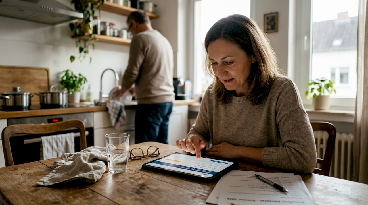 Am Küchentisch plant sie ihre nächste Kreuzfahrt und bucht direkt von zu Hause aus.