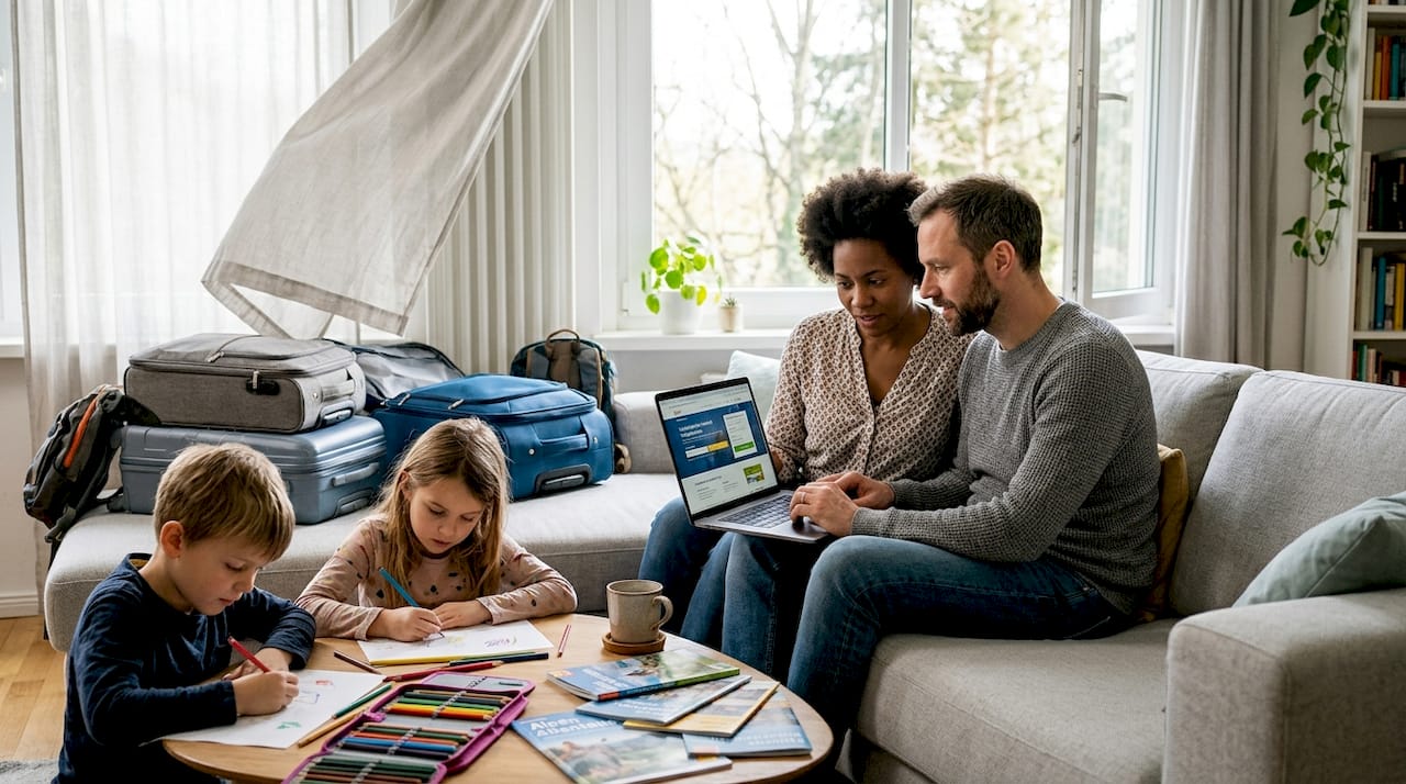 Eine Familie sitzt gemeinsam vor dem Laptop und schmiedet Urlaubspläne für die nächsten Ferien.