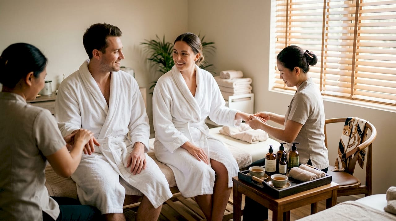 Zwei Paare genie&szlig;en eine entspannende Handmassage im Spa