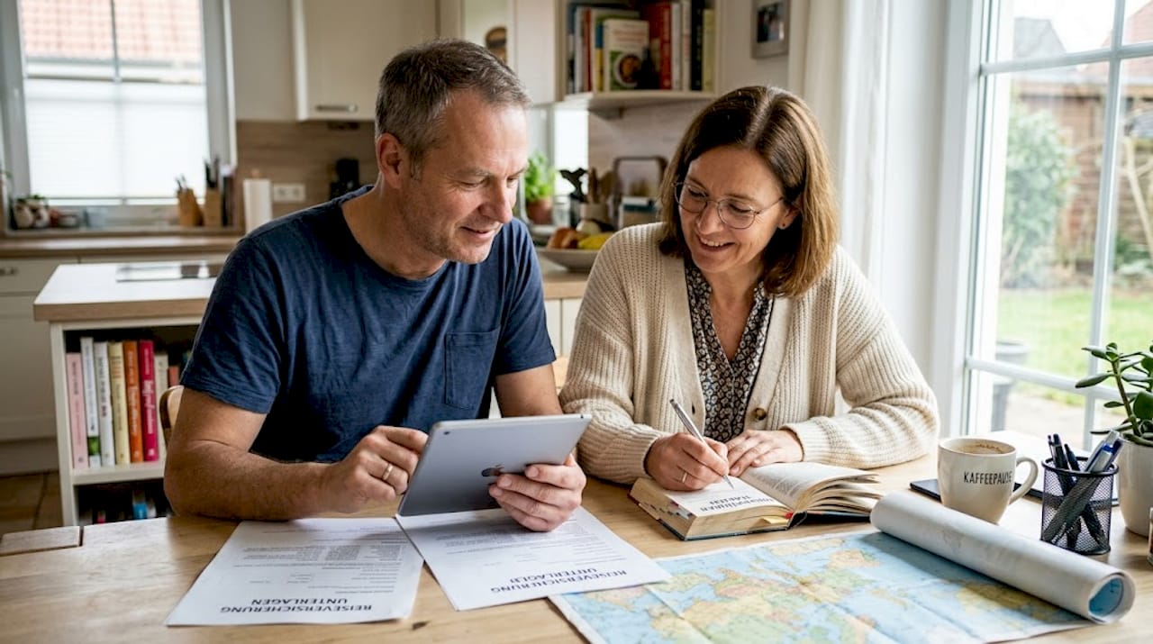 Ein Paar sitzt am K&uuml;chentisch und pr&uuml;ft gemeinsam die Unterlagen zur Reiseversicherung.