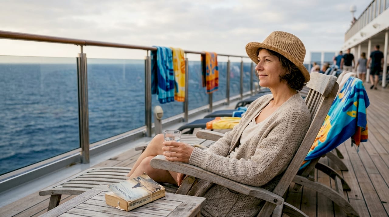Eine Frau genie&szlig;t die entspannte Atmosph&auml;re auf dem Sonnendeck eines Kreuzfahrtschiffs und blickt dabei aufs offene Meer.