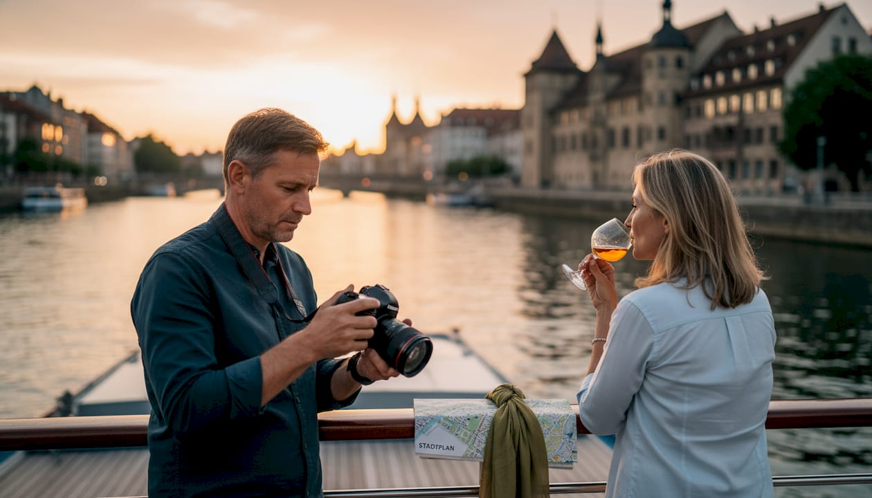 Ein Paar genießt vom Deck eines Flusskreuzfahrtschiffs aus den Blick auf die Stadt und das Panorama am Ufer.