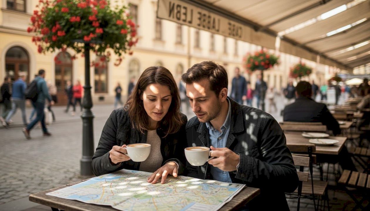 Ein verliebtes P&auml;rchen schmiedet bei einer Tasse Kaffee im Stra&szlig;encaf&eacute; Reisepl&auml;ne.