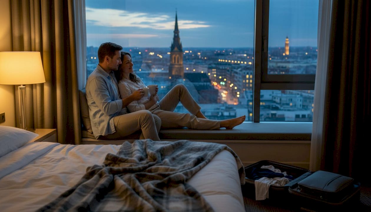 Ein Paar genie&szlig;t den Ausblick auf die Stadt aus seinem Hotelzimmer.
