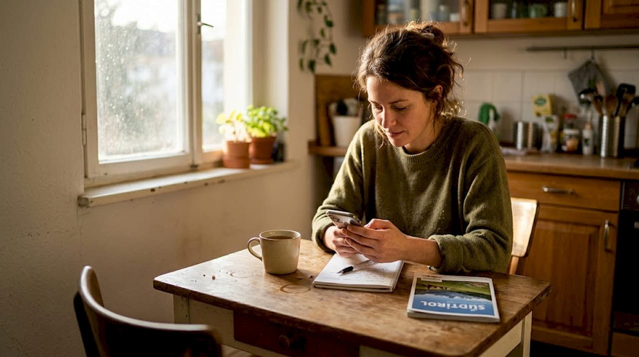 Am K&uuml;chentisch sitzt eine Frau und st&ouml;bert durch die Bewertungen verschiedener Hotels.