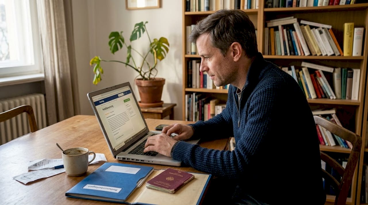 Ein Mann verfasst am Laptop eine ehrliche Bewertung zu seinem Hotelaufenthalt.