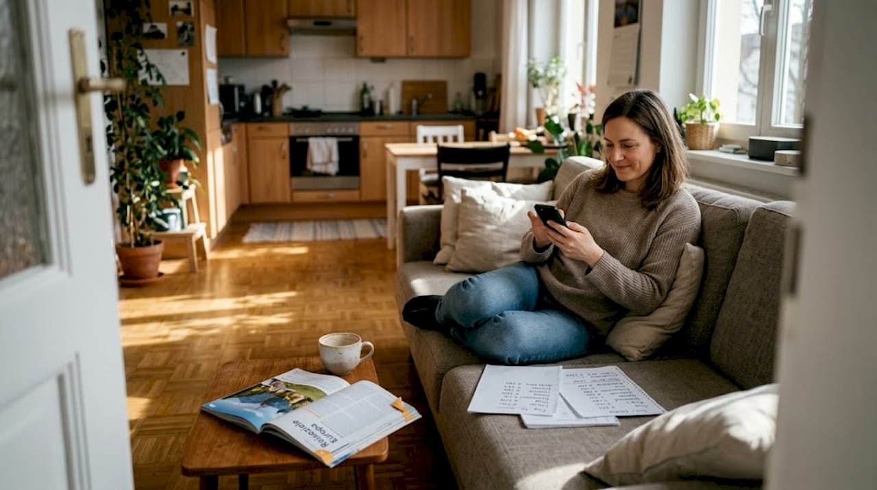 Eine Frau sitzt entspannt zuhause und stellt am Smartphone ihr Urlaubsbudget zusammen.