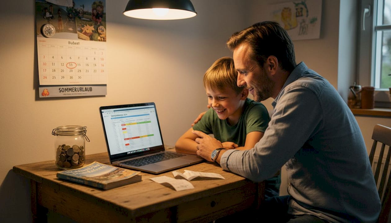 Am K&uuml;chentisch &uuml;berlegen Vater und Sohn gemeinsam, wie sie ihr Reisebudget am besten einteilen.