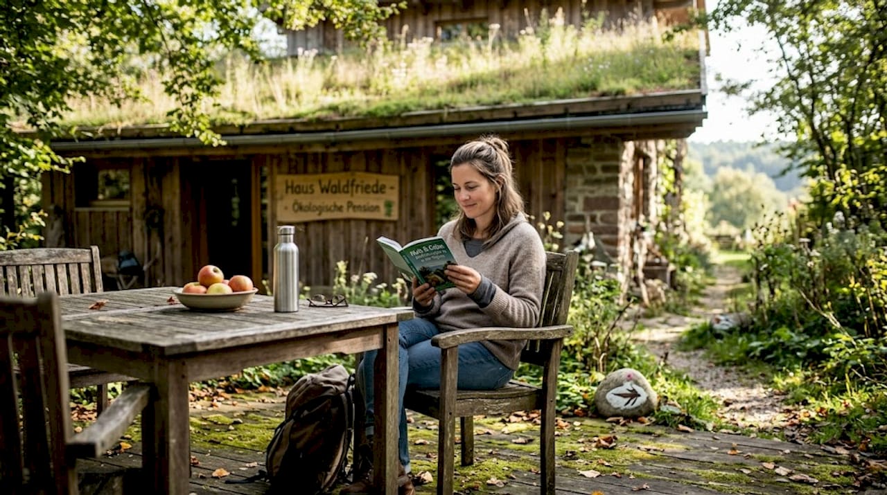Eine Frau genie&szlig;t die Sonne auf der Terrasse einer umweltfreundlichen Unterkunft.