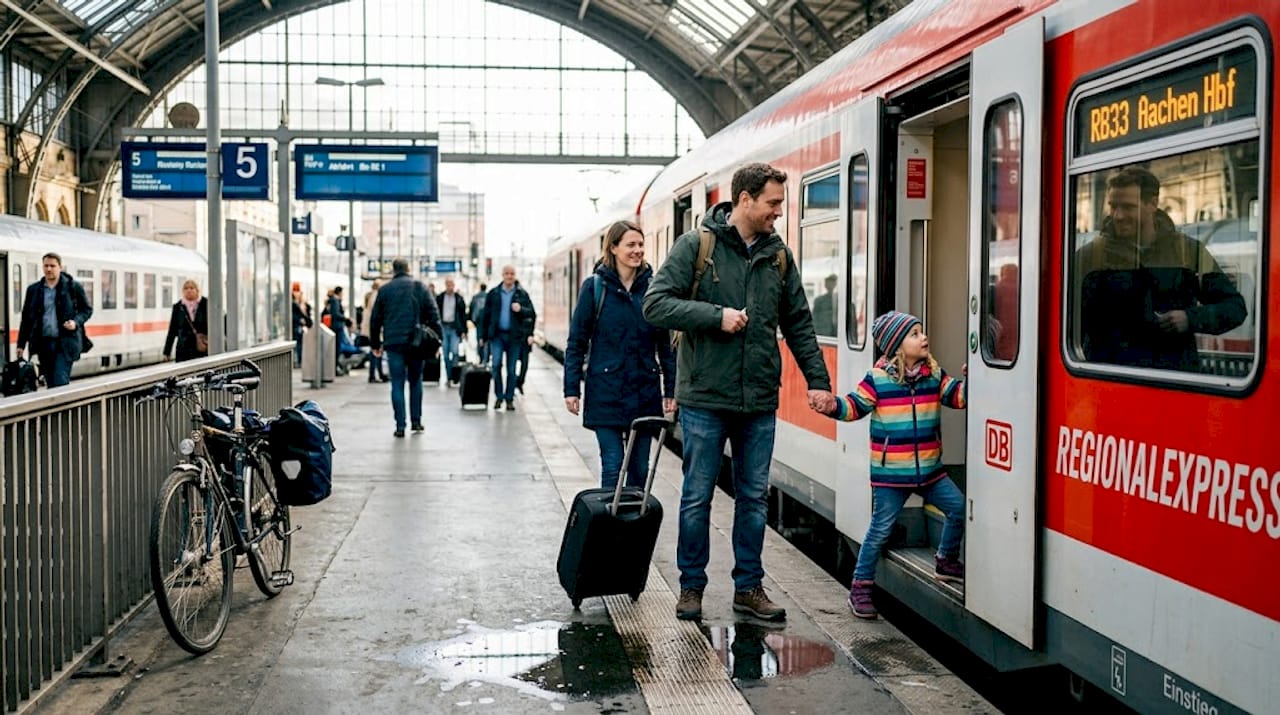 Eine Familie steigt am Bahnhof in den Regionalzug ein.