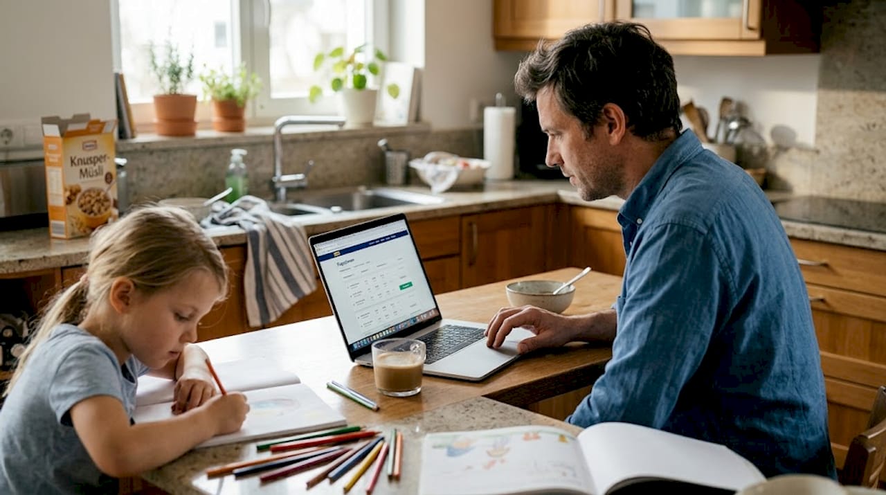 Papa plant den n&auml;chsten Urlaub am K&uuml;chentisch