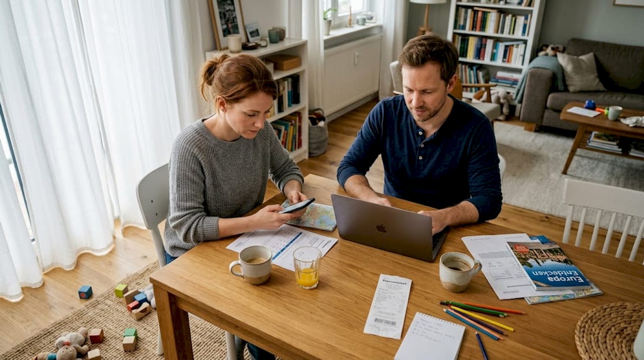 Am Esstisch schmieden die Eltern Reisepl&auml;ne f&uuml;r ihren n&auml;chsten Flug.