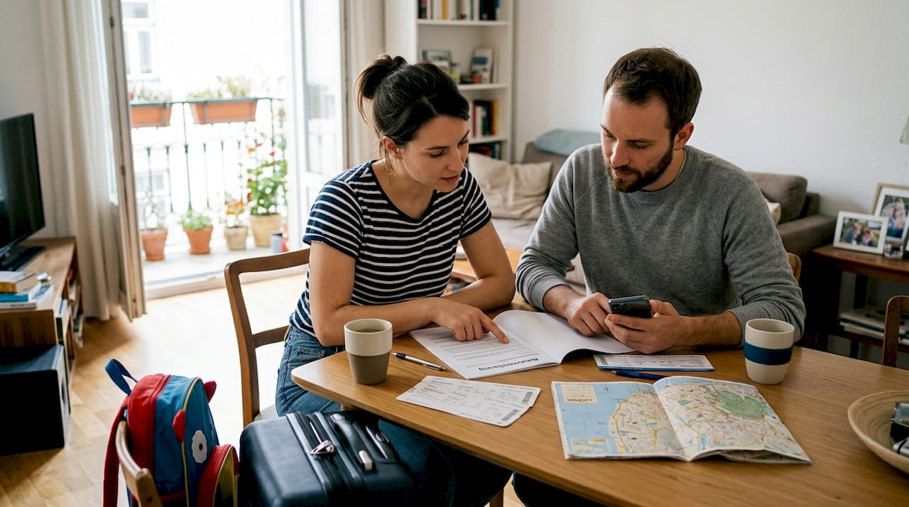 Ein Paar sitzt am K&uuml;chentisch und bespricht gemeinsam seine Reiseversicherung.