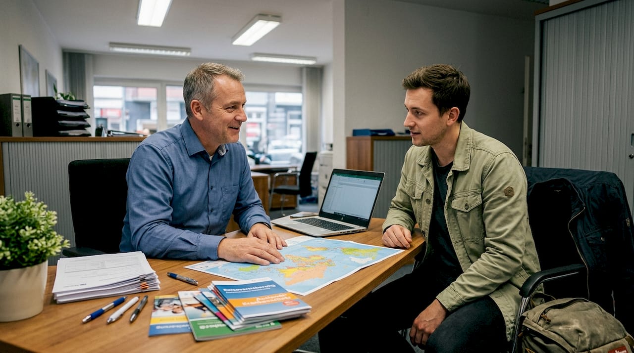 Ein Versicherungsberater informiert einen Reisenden in seinem B&uuml;ro ausf&uuml;hrlich &uuml;ber passende Absicherungen.