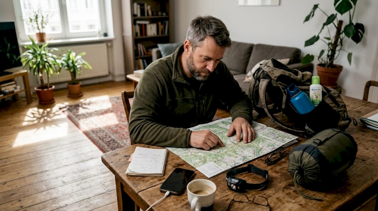 Ein Mann sortiert seine Wanderausr&uuml;stung am Wohnzimmertisch und &uuml;berpr&uuml;ft, ob alles bereit ist f&uuml;r die n&auml;chste Tour.