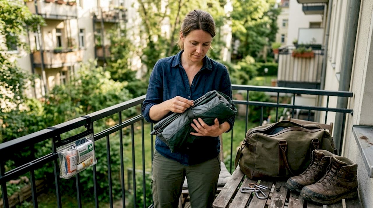 Frau testet ihr Trekkingzelt auf dem Balkon