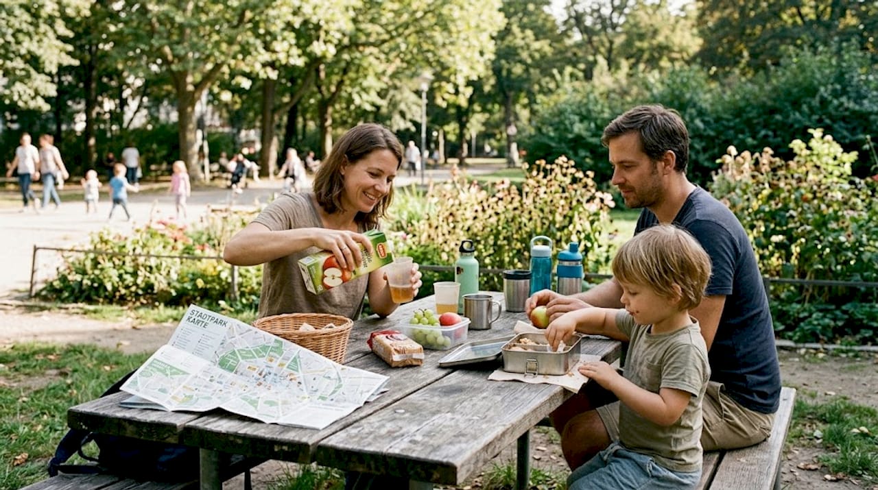 An einem sonnigen Nachmittag genie&szlig;t eine Familie ein entspanntes Picknick im Park mitten in der Stadt.