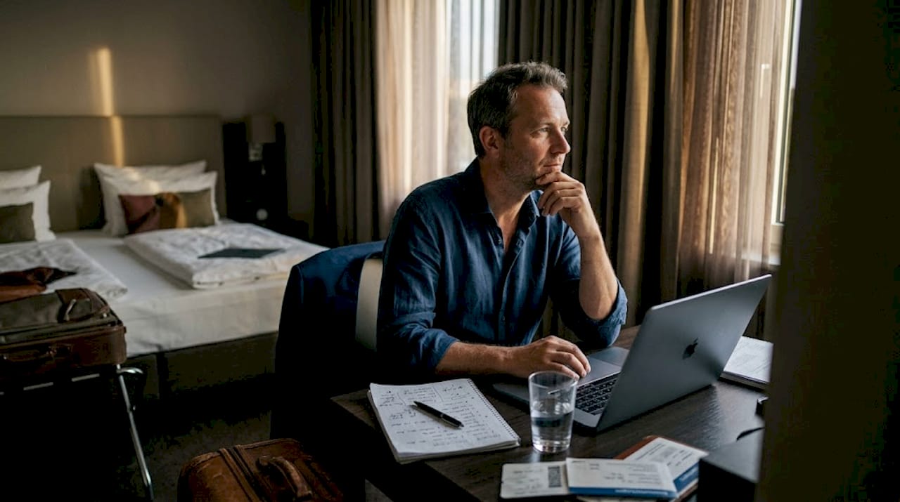 Ein Gesch&auml;ftsreisender erledigt seine Arbeit am Laptop in seinem Hotelzimmer.