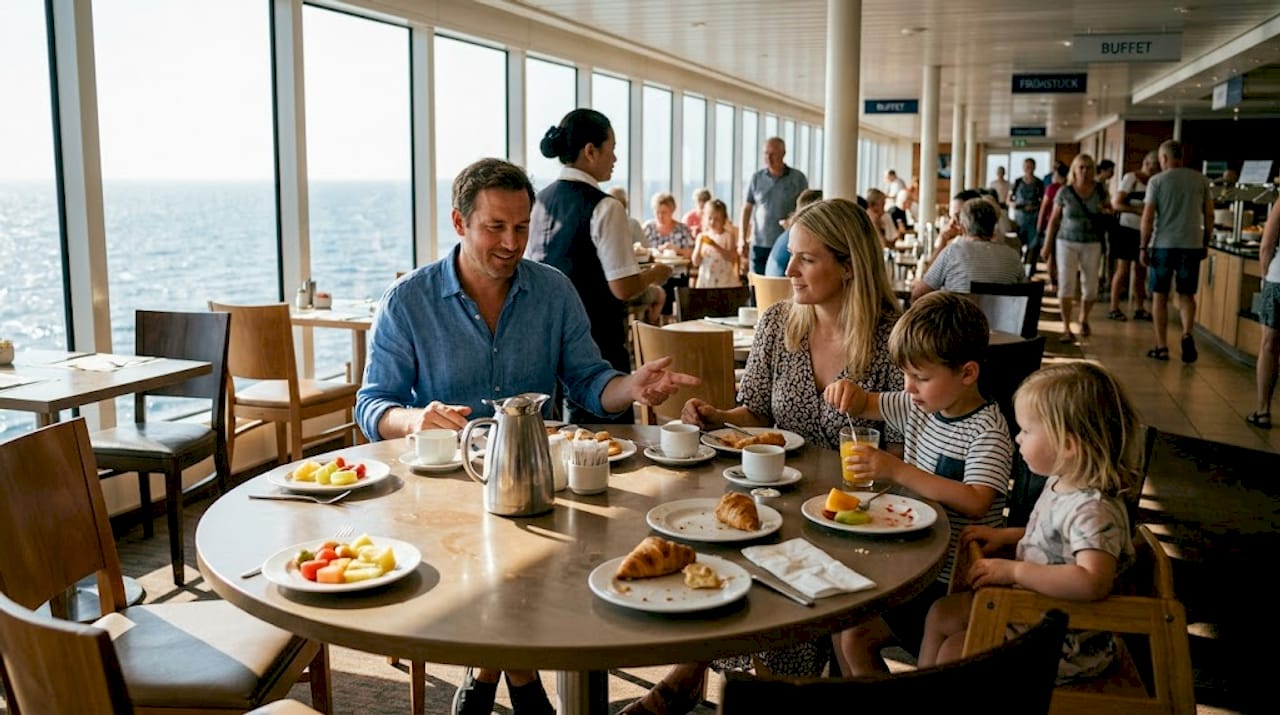 Eine Familie genie&szlig;t gemeinsam ihr Fr&uuml;hst&uuml;ck am Buffet auf einem Kreuzfahrtschiff.