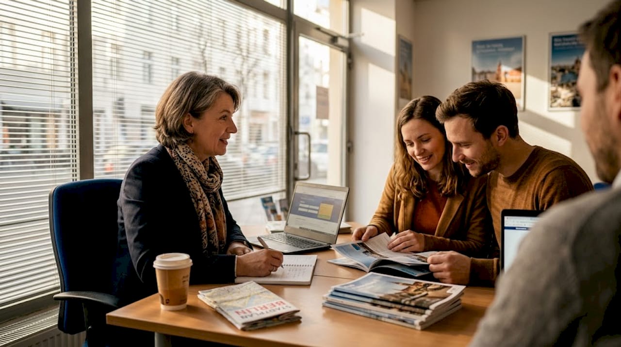 Ein Paar l&auml;sst sich im Reiseb&uuml;ro pers&ouml;nlich beraten.