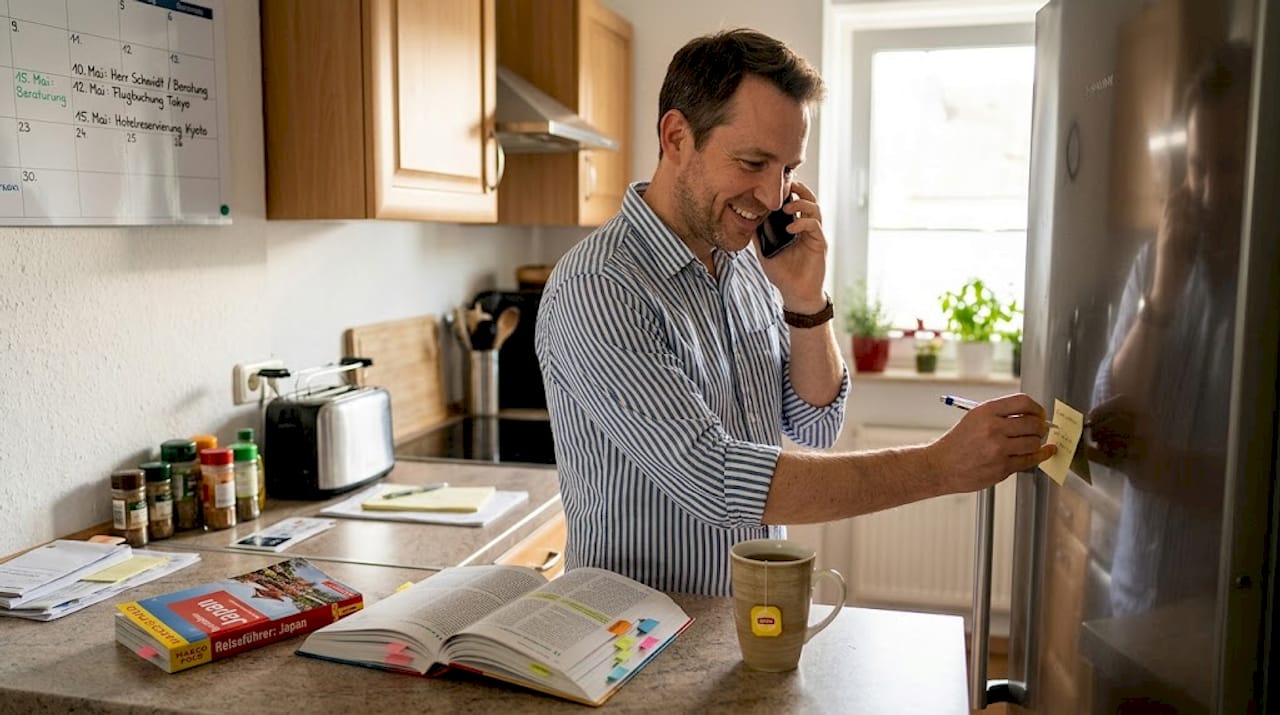Ein Berater f&uuml;hrt in der K&uuml;che ein Telefonat und h&auml;lt dabei wichtige Notizen fest.