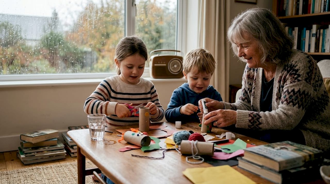 An einem verregneten Nachmittag sitzen die Kinder mit ihrer Oma am Wohnzimmertisch und basteln gemeinsam.