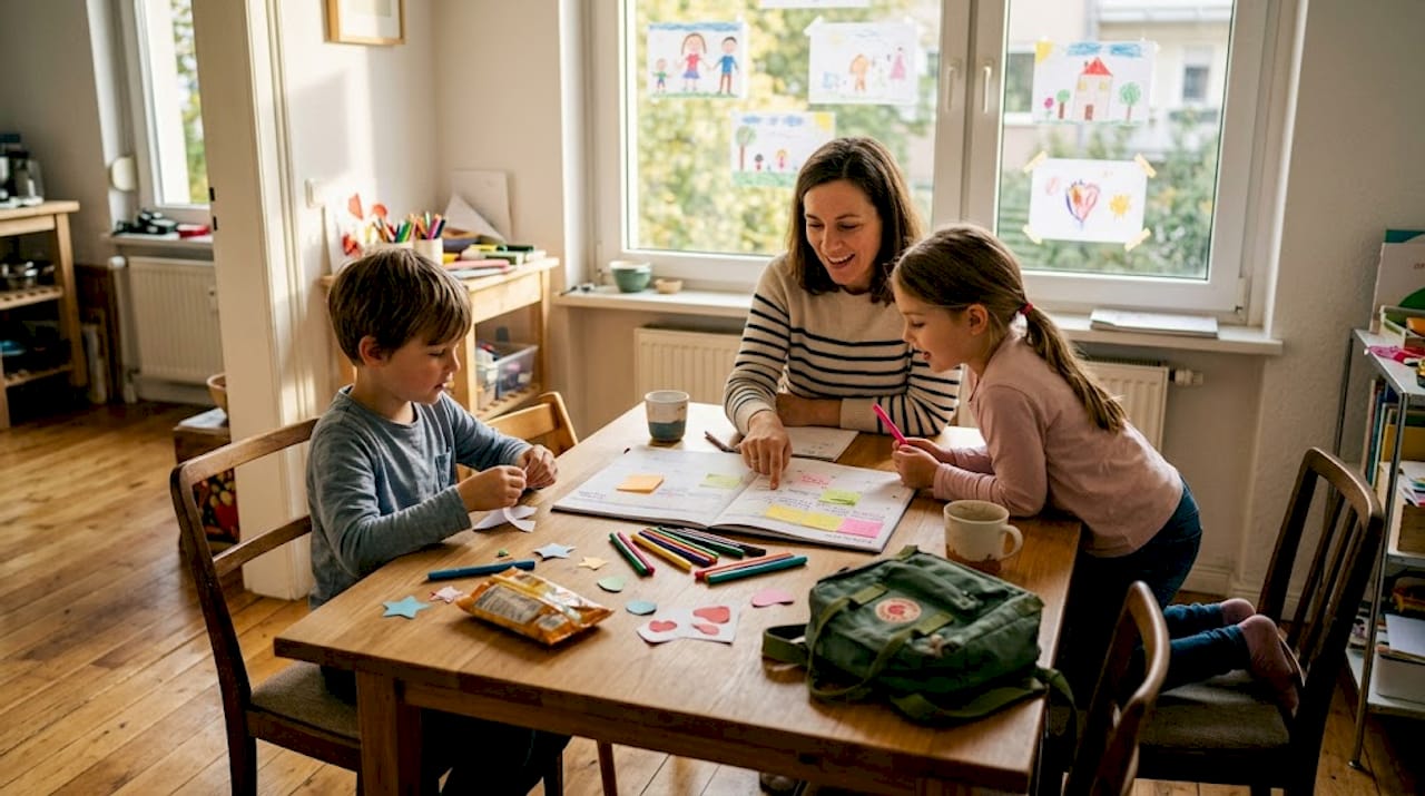 Gemeinsam am K&uuml;chentisch schmiedet die Familie originelle Pl&auml;ne f&uuml;r den n&auml;chsten Urlaub.