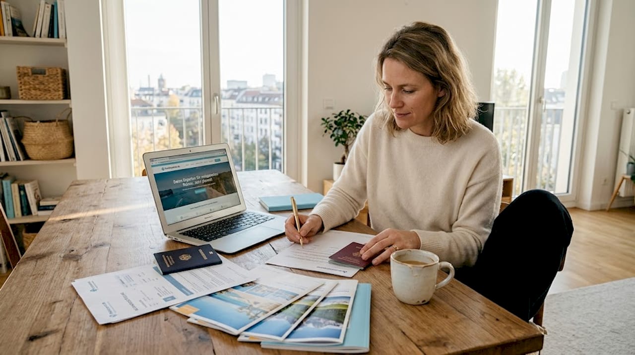 Eine Frau sitzt entspannt zu Hause und plant ihre n&auml;chste exklusive Reise.