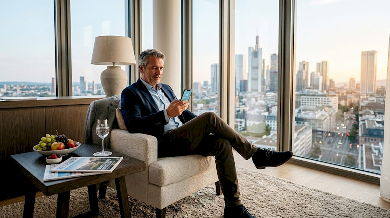 Ein Mann genie&szlig;t die entspannte Atmosph&auml;re seiner luxuri&ouml;sen Hotelsuite.