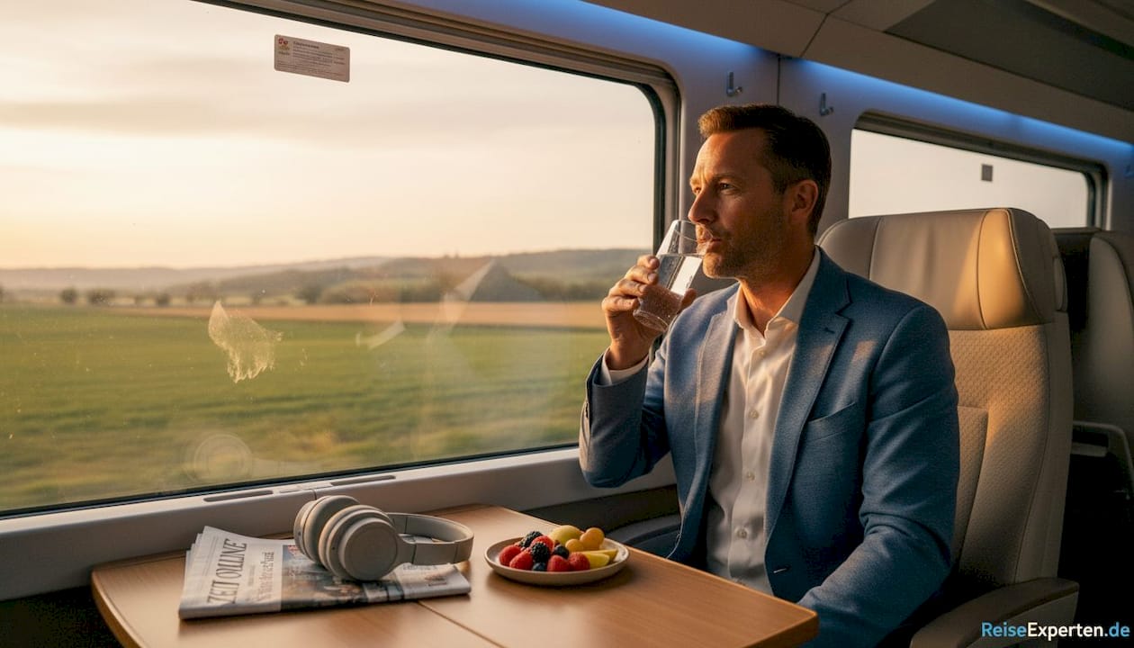 Ein Reisender genie&szlig;t den Sonnenuntergang in einem luxuri&ouml;sen Zugabteil und l&auml;sst die Seele baumeln.