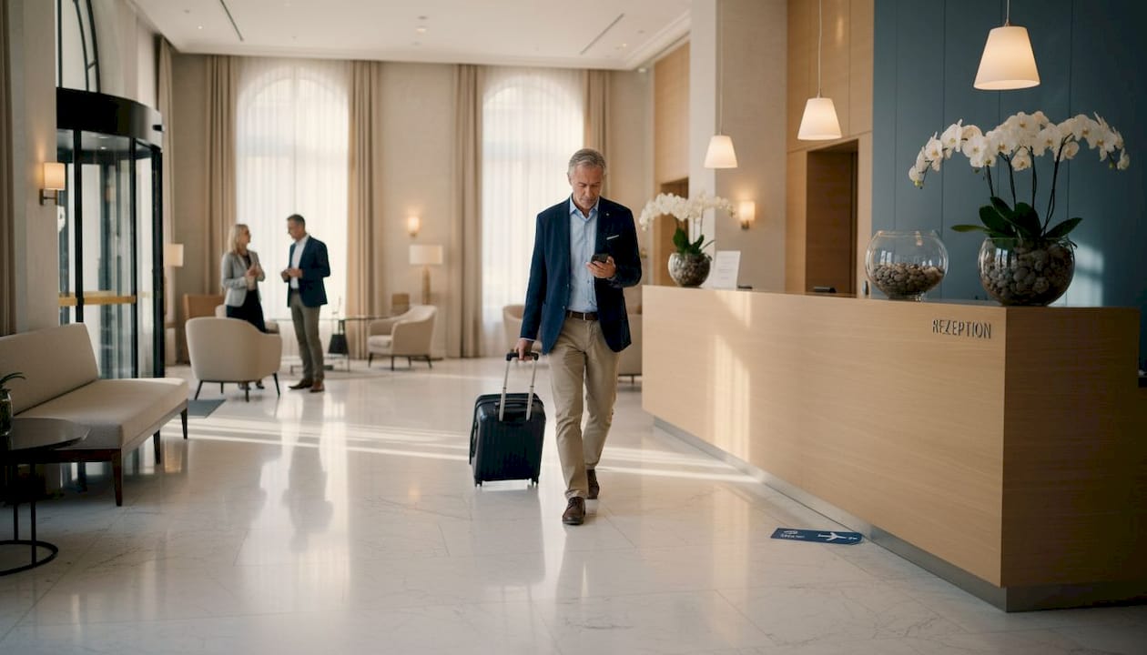 Ein Gast betritt die helle und einladende Hotellobby.