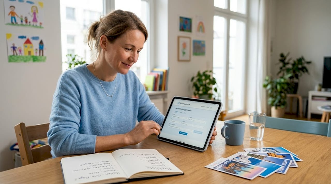 Beim Fr&uuml;hst&uuml;ck am K&uuml;chentisch schmiedet sie Pl&auml;ne f&uuml;r den n&auml;chsten Urlaub.