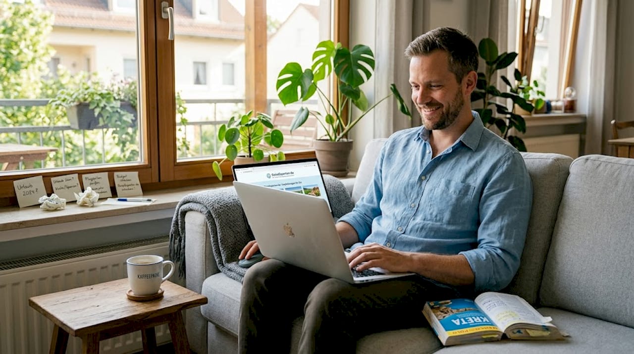 Bequem vom Sofa aus plant ein Mann seine Reise mit Hilfe eines KI-Portals.