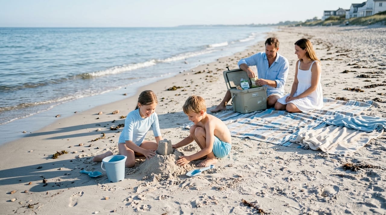 Kinder tollen fr&ouml;hlich am Strand und genie&szlig;en das sonnige Wetter an der europ&auml;ischen K&uuml;ste.
