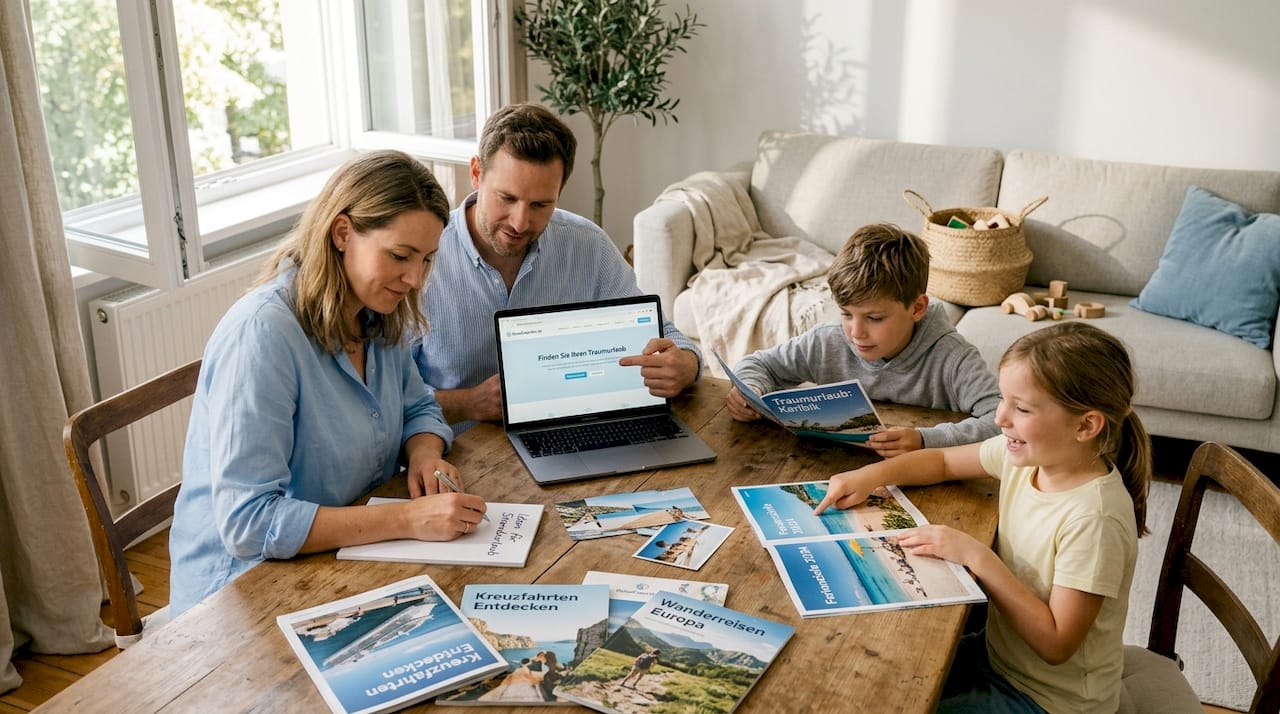 Urlaubsplanung mit der Familie im sonnendurchfluteten Wohnzimmer